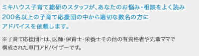 ミキハウス子育て総研のスタッフが、あなたのお悩み・相談をよく読み200名以上の子育て応援団の中から適切な数名の方にアドバイスを依頼します。※子育て応援団とは、医師・保育士・栄養士その他の有資格者や先輩ママで構成された専門アドバイザーです。
