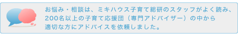 お悩み・相談は、ミキハウス子育て総研のスタッフがよく読み、200名以上の子育て応援団（専門アドバイザー）の中から適切な方にアドバイスを依頼しました。