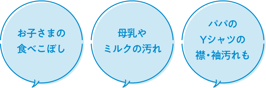 「お子さまの食べこぼし」、「母乳やミルクの汚れ」、「パパのYシャツの襟・袖汚れも」