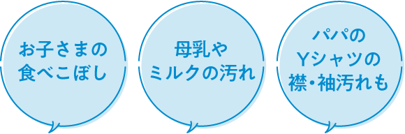 「お子さまの食べこぼし」、「母乳やミルクの汚れ」、「パパのYシャツの襟・袖汚れも」