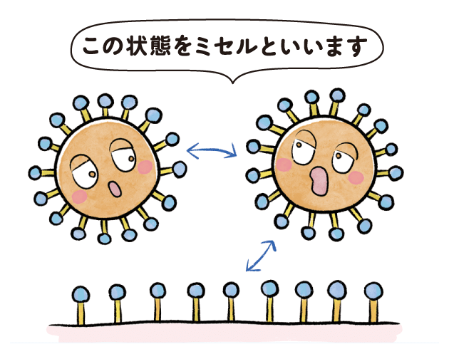 「浮き上がった汚れ(ミセルの状態)は互いに反発するため、再び肌に吸着することはありません。」のイラスト