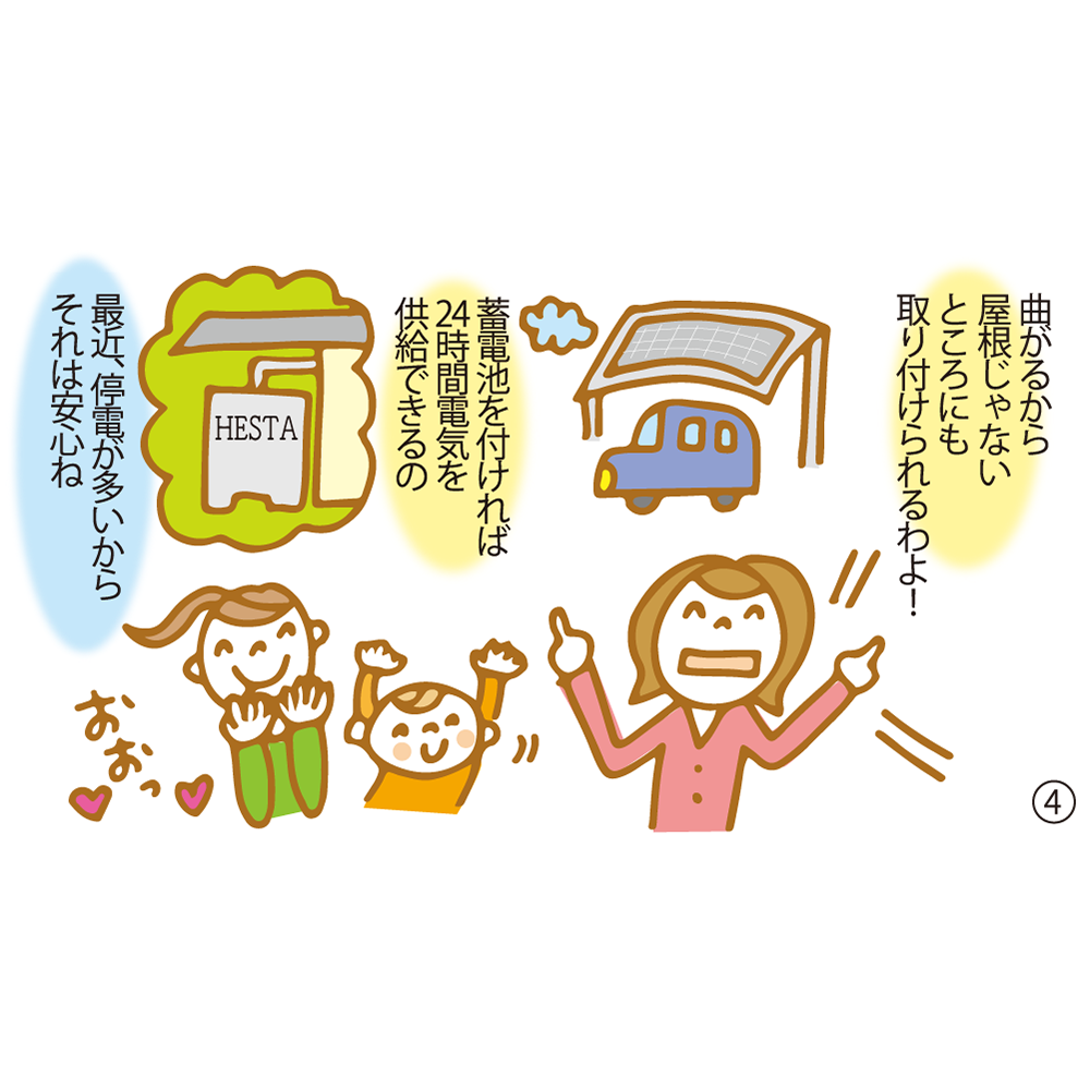 ④ 曲がるから屋根じゃないところにも取り付けられるわよ！ 蓄電池を付ければ24時間電気を供給できるの 最近、停電が多いからそれは安心ね