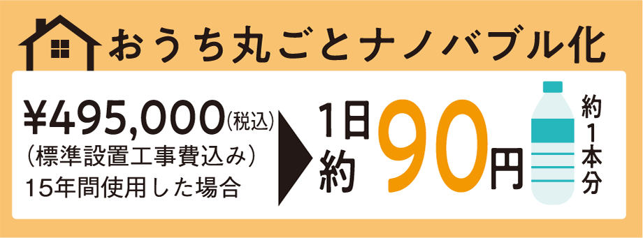 おうち丸ごとナノバブル化 ¥495,000（税込） （標準設置工事費込み） 15年間使用した場合 1日 約90円（税込） 約1本分