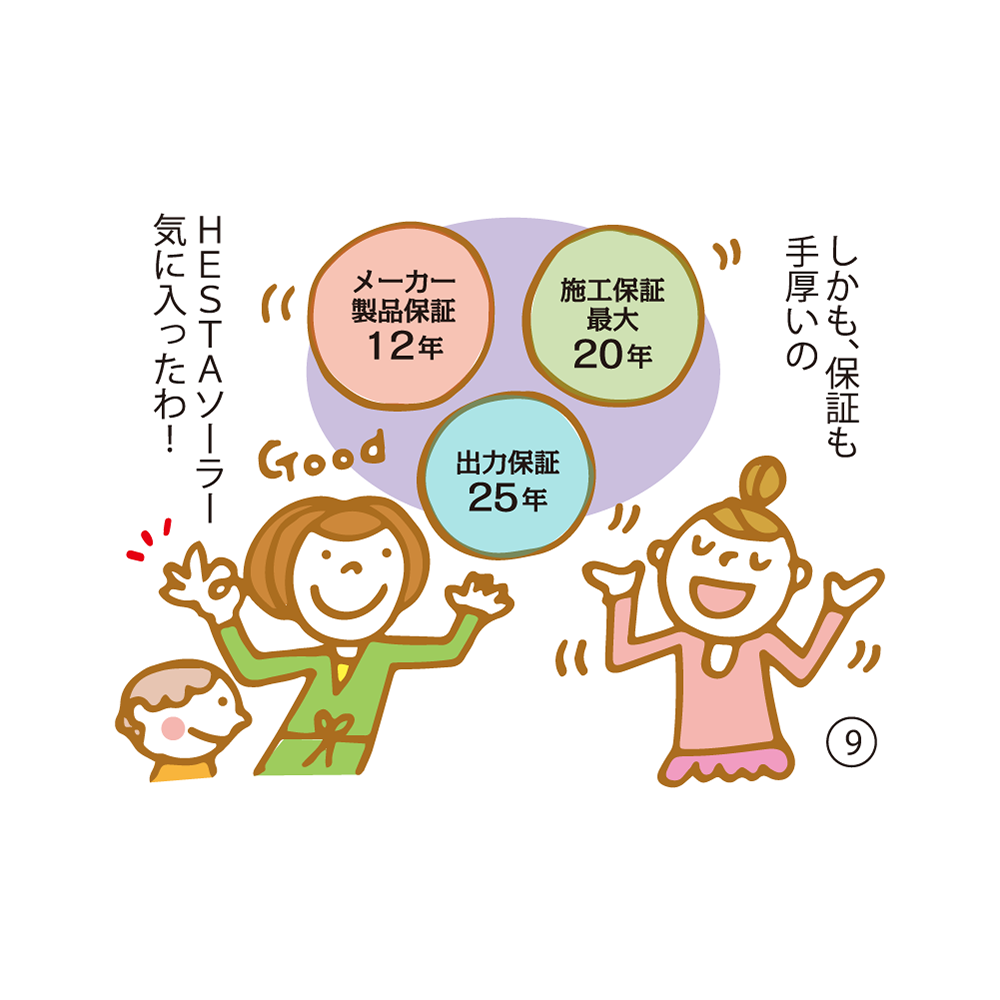 ⑧ しかも、保証も手厚いの ＨＥＳＴＡソーラー気に入ったわ！