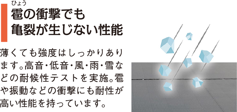 雹(ひょう)の衝撃でも 亀裂が生じない性能 薄くても強度はしっかりあります。高音・低音・風・雨・雪などの耐候性テストを実施。雹や振動などの衝撃にも耐性が高い性能を持っています。