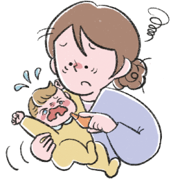 嫌がるのを押さえつけながら毎回格闘して疲れているママのイラスト