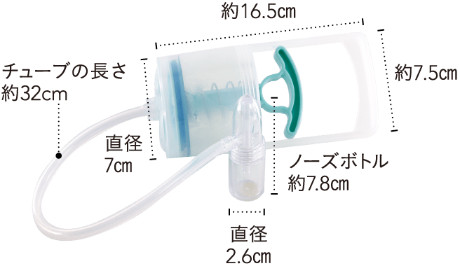 CHIBOJI（知母時）の仕様、ピストンシリンダーは直径7センチ、長さ約16.5センチ、ノーズボトルは直径2.6センチ、約7.8センチ、チューブの長さ約32センチ