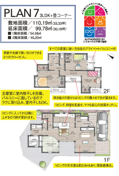 PLAN7　3LDK+畳コーナー敷地面積／110.19㎡（33.33坪）延床面積／ 99.78㎡（30.18坪）
■１階床面積／54.58㎡
■ 2階床面積／45.20㎡
1F
2F
すべての居室に使い方自在のプライベートバルコニー付
季節や夫婦で使い分けができる2つのクローゼット。
主寝室に室内物干しを完備。
バルコニーに面しているのでラクに取り込み、室内干しもOK。
吹き抜けの窓からはリビングの隅々まで光が届きます。
リビング、和室を見渡せ、ママも安心の対面キッチン。
リビングに入ってから2階に上がるので絆が深まります。
リビングの天井高は約2.9mもあり、開放感満点。
