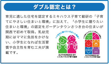 ダブル認定とは？
育児に適した住宅を認定するミキハウス子育て総研の「子育てにやさしい住まいと環境」に加えて、「小学生に贈りたい住まいと環境」の認定をガーデンタウンさつき台の住まいが関西で初めて取得。乳幼児期にはママに負担をかけない、小学生になれば生活習慣や自主性を育む工夫が満載です。
